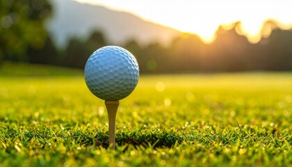 Golf ball on orange tee at sunrise