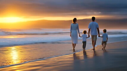 Beach setting with family strolls on the beach at sunset with toddlers representing family, stroll, beach, sunset, toddlers, walking
