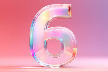 Iridescent 3D Number Six Digit with Glass Texture on Bright Pink Background

