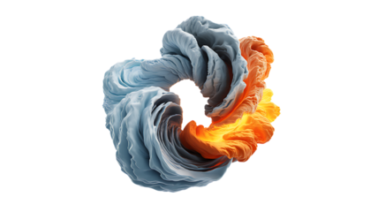 Twisting abstract form of blue ice and orange fire isolated on transparent background