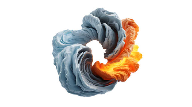 Twisting abstract form of blue ice and orange fire isolated on transparent background - Powered by Adobe