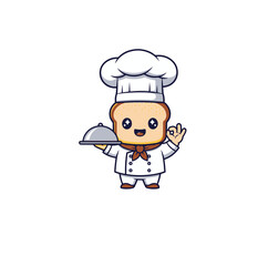 Cute Cartoon Bread Chef – Funny Toast Character in Chef Uniform Holding Tray Vector Illustration for Bakery, Cafe, and Food Branding