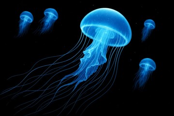 Glowing blue jellyfish gracefully floating in dark underwater space with luminous tentacles, surreal light concept on black background. Ai generative