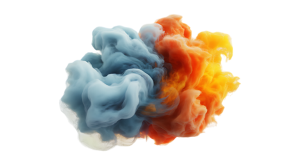 Closeup of blue and orange ink colliding and swirling in liquid, isolated on transparent background