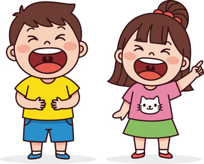 Cute Cartoon Kids Laughing Together – Happy Boy and Girl Vector Illustration for Education, Fun, and Children’s Design