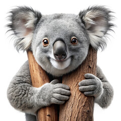 Fototapeta premium Happy koala embracing tree trunk, isolated on transparent background