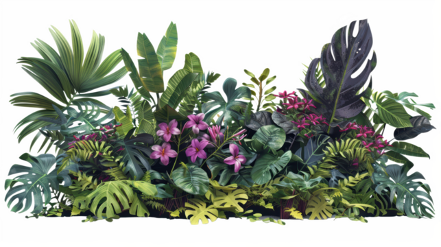 Vibrant Tropical Foliage with Pink Exotic Flowers and Lush Green Leaves, PNG, isolated on transparent background. - Powered by Adobe