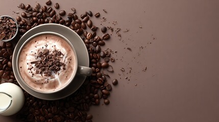 Flat lay composition of a cappuccino topped with chocolate shavings, surrounded by coffee beans and a small jug of milk on a beige background, perfect for celebrating National Cappuccino Day. Image cr