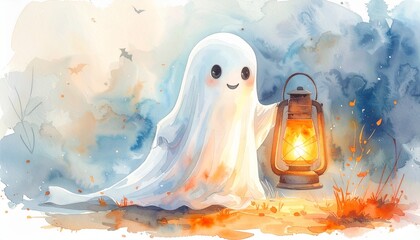 水彩画風のかわいいおばけ ハロウィンイラスト © bethko.