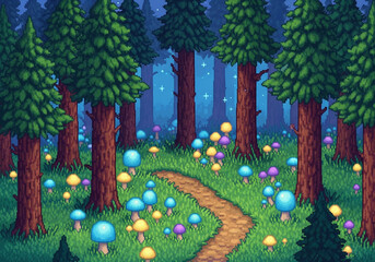 Pixel art fantasy enchanted forest with glowing mushrooms and magical path surrounded by trees