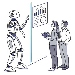 Vector art of a robot is presenting data to two people this scene depicts the collaboration between humans and artificial intelligence in data analysis