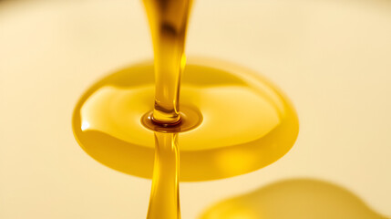 this close up captures the continuous anointing oil flow of a thick golden oil onto a smooth reflective surface emphasizing its texture and rich color