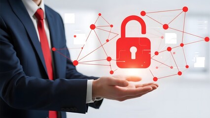 Businessman presenting a digital padlock connected by network nodes, symbolizing cybersecurity.