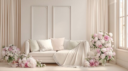 A softly lit interior showcases a neutral-toned sofa adorned with cushions, complemented by abundant floral arrangements, evoking a sense of serene elegance and inviting comfort.