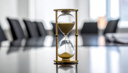 A brass hourglass with steadily falling sand sits on a reflective conference table, symbolizing the passage of time and looming business deadlines