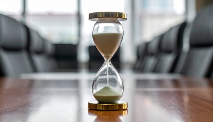 Timeless Meeting Hourglass Sands Fall on Gleaming Table Before Empty Chairs