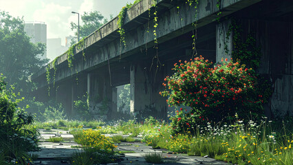 Moody photo of abandoned concrete overpass with vines and flowering bush in foggy cityscape
