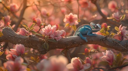 Chameleon camouflaging perfectly against a vibrant and colorful background environment