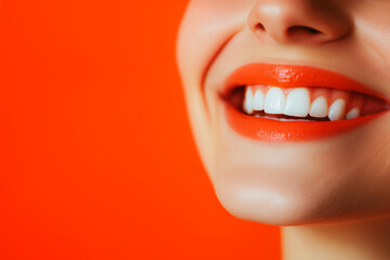 Close up view of smiling woman face with bright orange lipstick, generated AI
