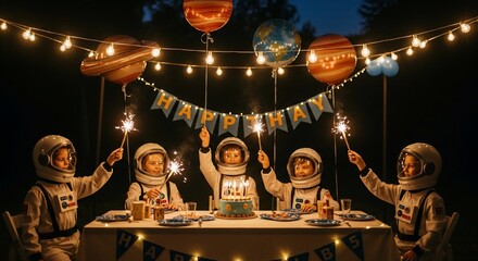 Astronaut Birthday Party: Children Celebrate with Sparklers, Cake, and Space-Themed Balloons
