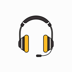 A modern flat design illustration showcases black and yellow over-ear headphones equipped with a microphone, symbolizing communication, gaming, and audio technology.