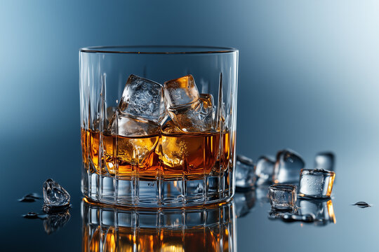 Melting ice cubes in a glass of whiskey with reflection, generated AI