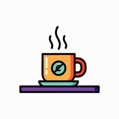 A vibrant, steaming hot beverage in an orange and turquoise cup with a unique 'no' symbol, resting on a purple shelf, presented as a clean graphic icon.