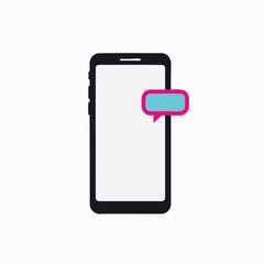 A modern black smartphone with a blank screen and a vibrant blue and pink message bubble, symbolizing digital communication, notifications, and mobile tech.