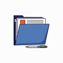 This vibrant illustration depicts an open blue folder filled with important documents and a pen, symbolizing efficient organization and digital data management.