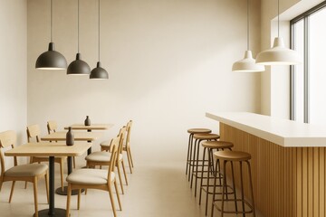 Minimalist modern cafe interior with wooden furniture, pendant lighting, and neutral tones in a bright contemporary setting. Ai generative.