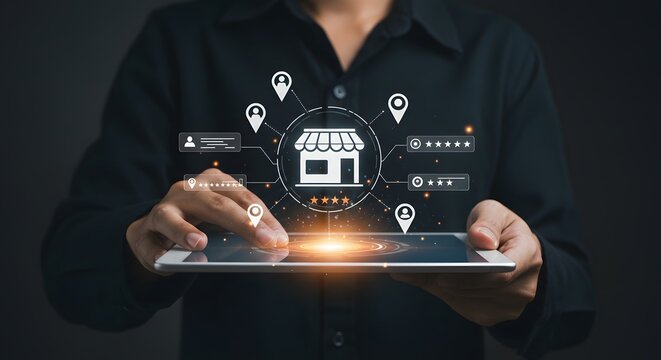 Digital Business Owner Using Smartphone with Store and Location Icons in Dark Background