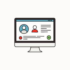 This clean vector illustration shows a computer monitor displaying an online user profile, highlighting digital identity, user accounts, and web interaction.