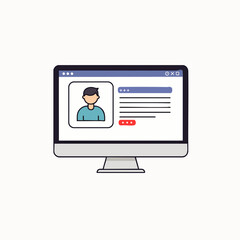 This modern vector illustration depicts a digital user profile interface displayed on a sleek computer monitor, symbolizing online identity and personal data management.