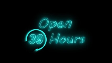 Neon light animation glowing Open 39 Hours vibrant red typography highlighted red circular arrow. bold neon design promotions, service ads, convenience themes. 4k video.