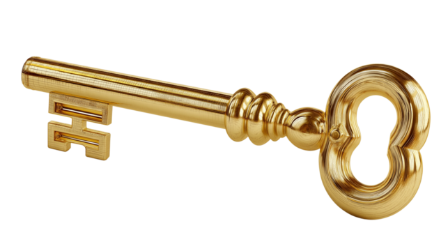 3D render of golden key isolated on transparent background - Powered by Adobe