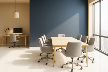 Modern office interior with minimalist meeting room and workspace by large window in contemporary building with natural light and stylish decor.