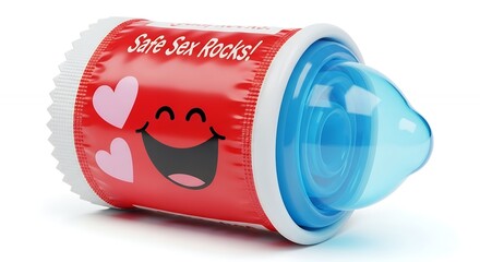 Cute Red Condom Container with Smiling Face and Hearts in Cartoon Style for Safe Sex Awareness