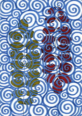 A bright abstract pattern consisting of many blue spirals densely covering the surface. Two vertical figures appear against their background - yellow-green on the left, red on the right. 