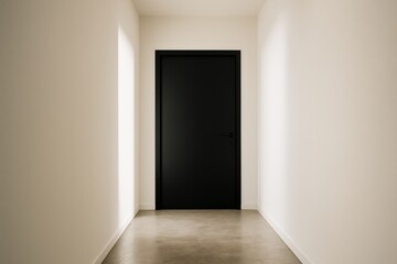 Fototapeta premium Minimalist hallway interior with a black closed door, white walls, and soft natural light casting shadows on the floor and walls. Ai generative. Ai generative