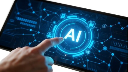 Hand interacting with a digital screen displaying 'AI' surrounded by futuristic interface elements