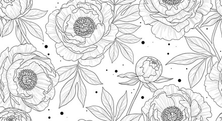 Fototapeta premium Elegant floral pattern featuring delicate roses and leaves in outline style