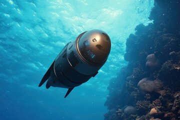 Underwater exploration pod deep sea vehicle ocean research drone marine robot coral reef survey blue water futuristic sleek