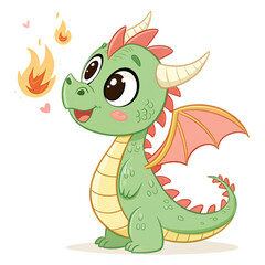 Obraz premium Cute cartoon baby dragon breathing small fire on transparent background for kids party invitations, fantasy illustrations, stickers and educational projects