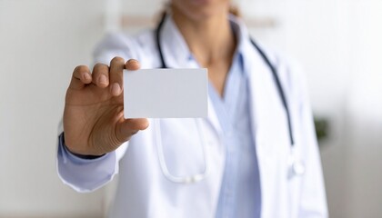 Unrecognizable female doctor in a white lab coat with a stethoscope holding a blank white business card for mockup in a hospital setting