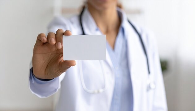 Unrecognizable female doctor in a white lab coat with a stethoscope holding a blank white business card for mockup in a hospital setting