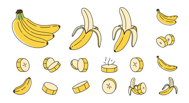 Collection of fresh tropical yellow bananas showing different stages of peeling and slicing for healthy eating and recipes