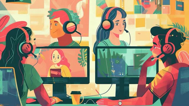 A pair of individuals focused on their tasks wearing headphones, potentially in a quiet office environment or remote work setup