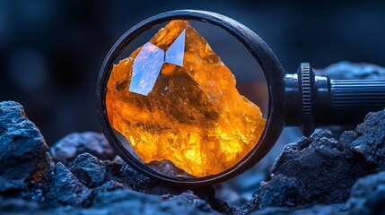 Examining a golden gemstone through a magnifying glass on a dark with rocky surface.