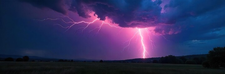 Powerful Lightning Strike Illuminates Nocturnal Landscape During Dramatic Thunderstorm