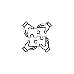 Teamwork concept icon isolated on white background symbol of four hands holding puzzle pieces in vector format